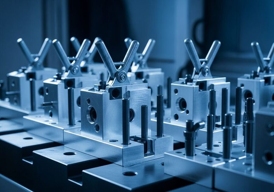 Custom CNC machined jigs and fixtures with toggle clamps — DTECH SOLUTION Ahmedabad