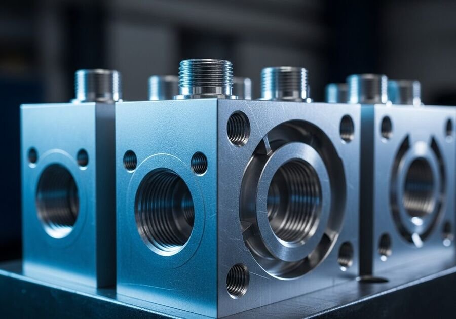 CNC machined aluminium pneumatic and hydraulic manifold blocks — DTECH SOLUTION Ahmedabad
