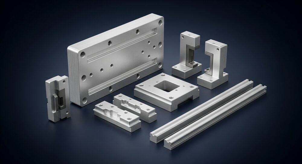 VMC machined aluminium blocks with holes and slots for packing machines — DTECH SOLUTION Ahmedabad