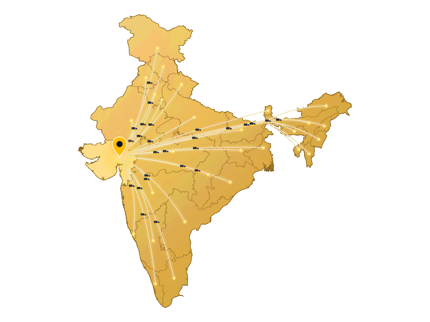 Rajesh Aluminium delivery network map — golden routes from Ahmedabad to every state of India